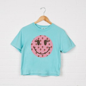 Simply Sage Market Women's Smiley Face Strawberries Short Sleeve Relaxed Fit Cropped Graphic Tee - 1 of 3