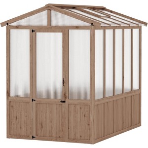 Wooden Greenhouses for Outdoors, Wooden Walk-in Green House with Cedar Frame, Greenhouse Kit with 6MM Thick Polycarbonate Panel - 1 of 4