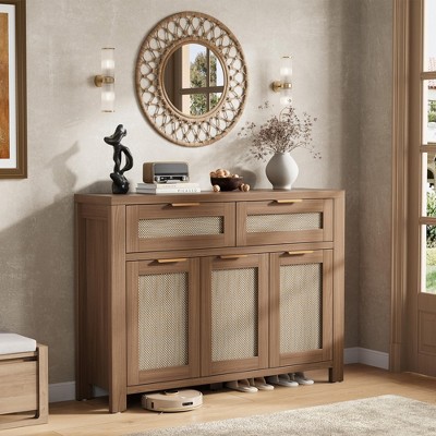 Garvee Boho Rattan Buffet Sideboard Cabinet with 2 Drawers Magnetic Cabinet Doors & Customizable Inner Shelves, for Kitchen Living Room Dining - Dark Oak — фото 8