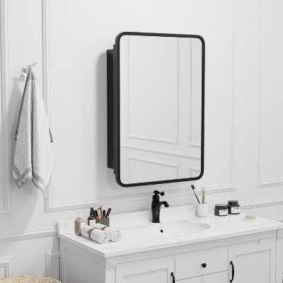 Wooakway Recessed or Wall Mount Medicine Cabinet 16 x 24 Inch Bathroom Mirror Cabinet with HD Mirror, Black