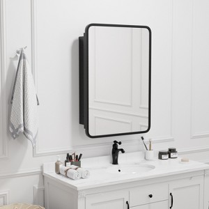 Wooakway Recessed or Wall Mount Medicine Cabinet 16 x 24 Inch Bathroom Mirror Cabinet with HD Mirror, Black - 1 of 4