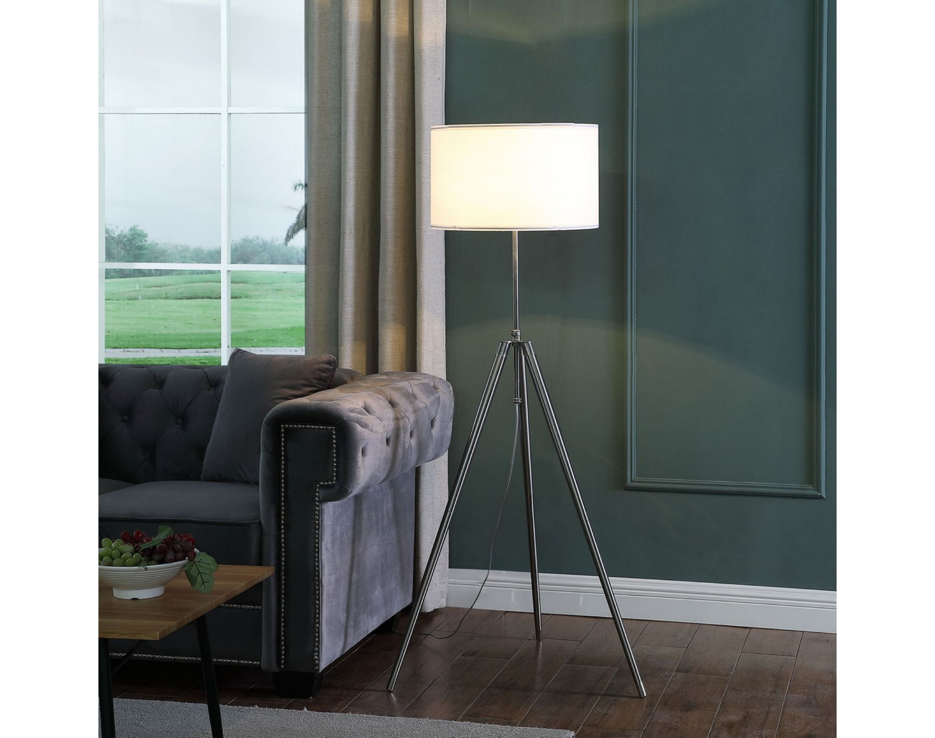 GDFStudio Elmsworth 64" - 47" Mid-Century Adjustable Tripod Floor Lamp with Drum Shade, Silver