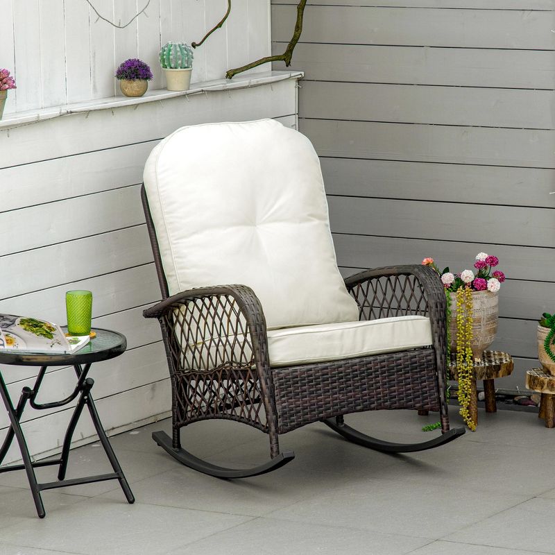 Outsunny Outdoor Wicker Rocking Chair, Patio PE Rattan Recliner Rocker Chair with Soft Cushion, for Garden Backyard Porch, 3 of 7