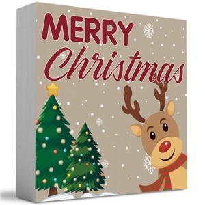 Reindeer Merry Christmas Sign Christmas Decorations for Home Office Desk Table Shelf 5 x 5 inch - 1 of 2