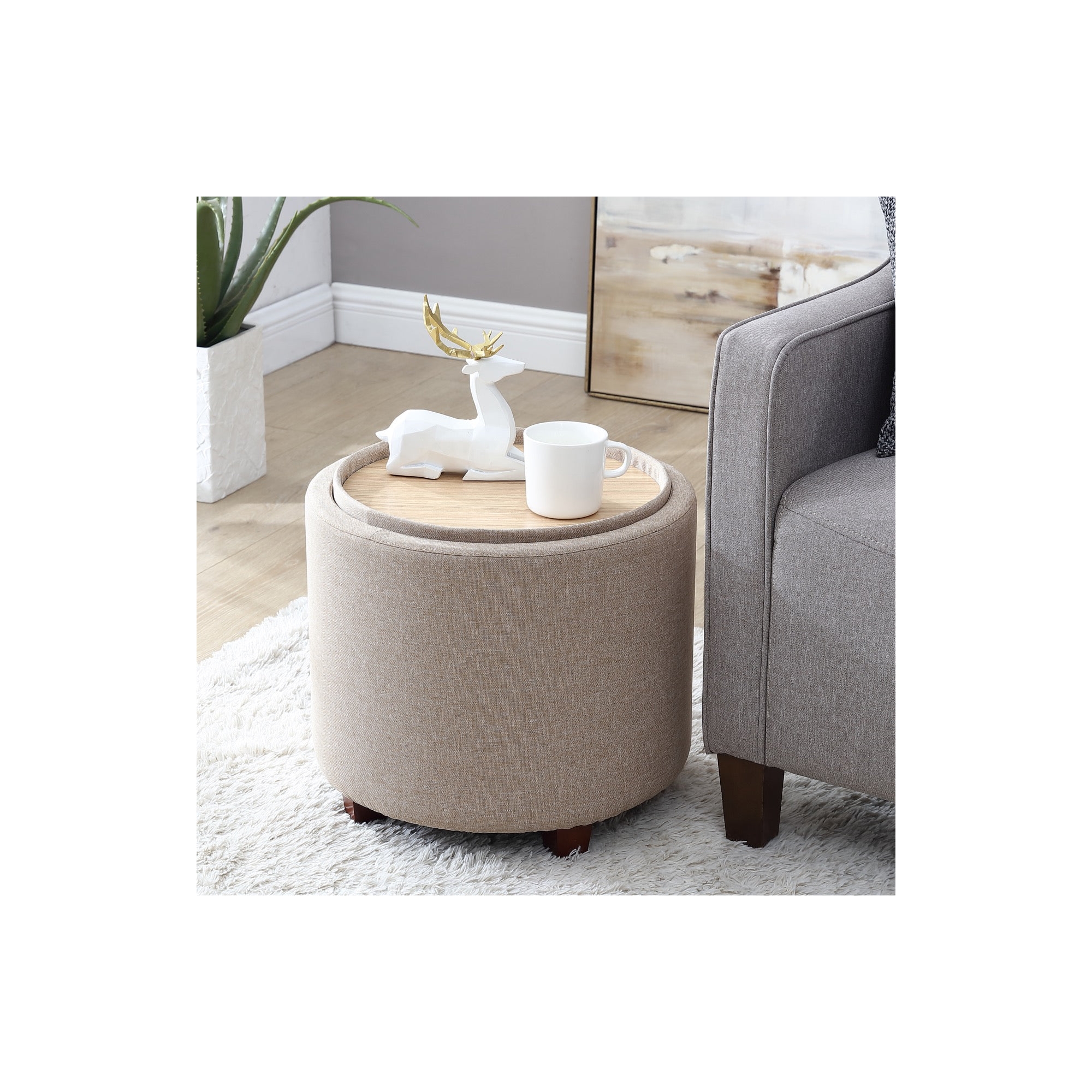 Ornavo Home Lawrence Round Storage Ottoman with Table Top Lid - Linen Beige