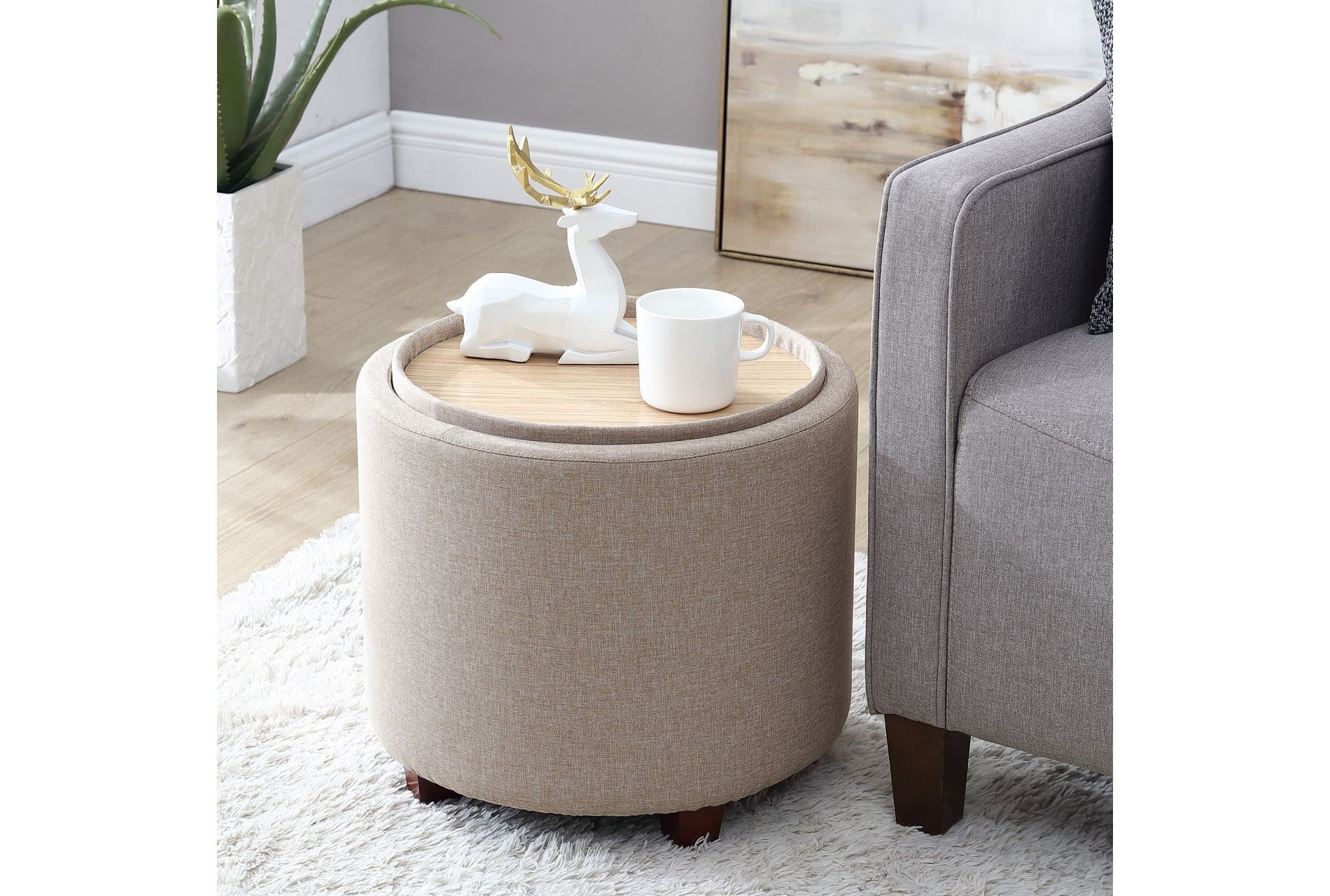 Ornavo Home Lawrence Round Storage Ottoman with Table Top Lid - Linen Beige
