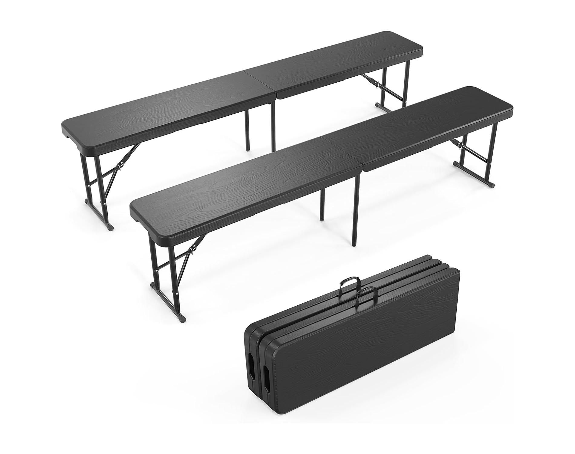 VINGLI 6 feet Plastic Folding Bench,Portable inPicnic Party Camping Dining Seat, Garden , Tree Patterned HDPE Tabletop, 2 Pack, Black