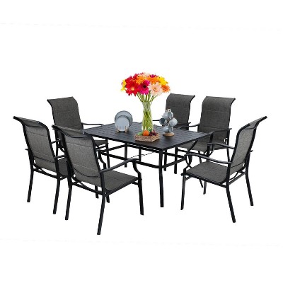 7pc Patio Dining Set with Steel Table with Umbrella Hole & Metal Padded Arm Chairs - Captiva Designs