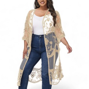 Anna-Kaci Women's Plus Size Lace Cardigan Short Sleeve Open Front Floral Crochet Long Duster - 1 of 4