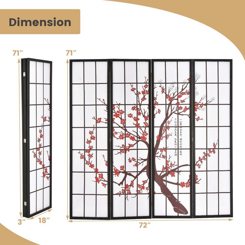 Costway 4-Panel Japanese Style Folding Room Divider with Elegant Plum Blossom Design Indoor, 3 of 11