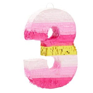 Blue Panda Small Pink Gold Foil Number 3 Pinata for Kids 3rd Birthday Party, 16.5 x 11 Inches - 1 of 4