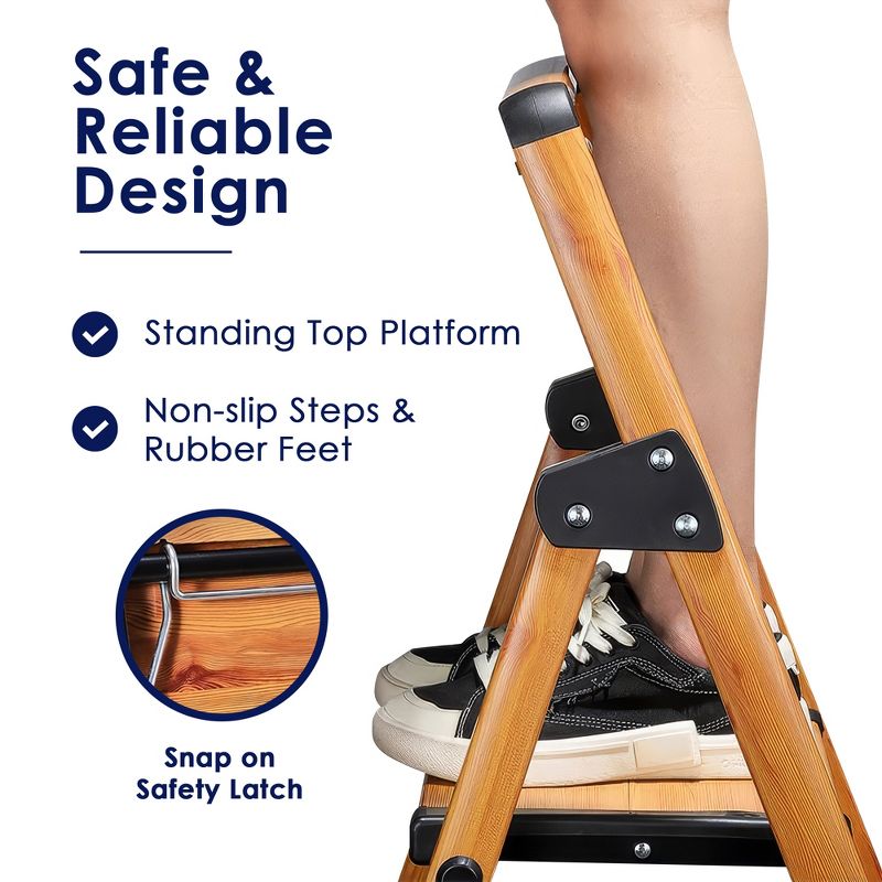 Delxo Portable Collapsible Lightweight Aluminum 3 Step Stool Step Ladder with Long Handrails and Safety Latch Mechanism, Woodgrain Finish, 5 of 8
