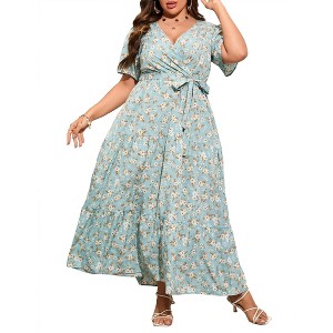 BLUEMING Summer Maxi Dress for Plus Size Women Tie Wasit Surplice Dress Flutter Sleeve A-Line Dress - 1 of 4