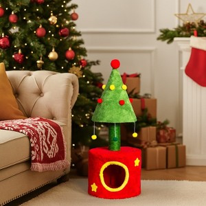 Angel Sar 30in Christmas Cat Tree with Scratching Post and House, Sisal Post and Hanging Balls, Red and Green Kitten Tower for Indoor Cats - 1 of 4