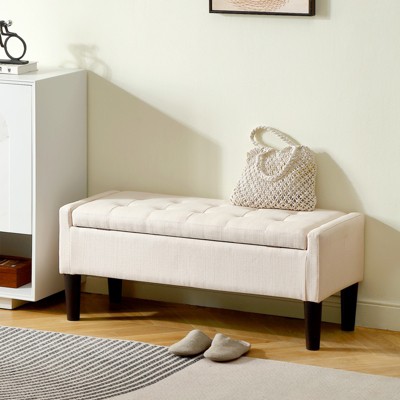 Pinmoco 42" Linen Storage Bench, Tufted Upholstered Entryway Bench with Safety Hinge for Bedroom and Living Room