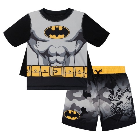 DC Comics Batman Little Boys Cosplay Rash Guard, Swim Trunks and Detachable Cape UPF 50+ 3 Piece Outfit Set Camo Gray / Black / Yellow