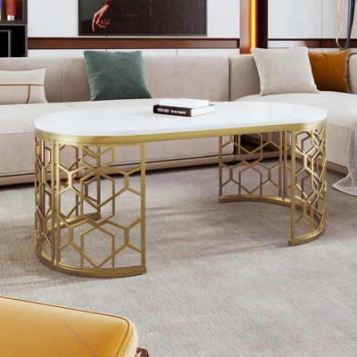 Vynxaria 47.2" Modern Oval Coffee Table - Glamorous Design with Cut-Out Pattern Stainless Steel Frame