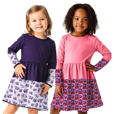 The Pink Picket Fence Twirl Dress Set of 2 – Soft Cotton Dresses in Pink Floral & Purple Hippo – Sensory-Friendly