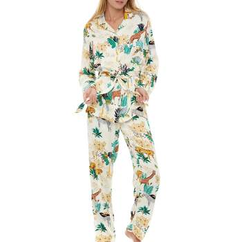 ADR Women's Front Tie Pajamas Lounge Set, Long Sleeve Top and Pants, Silky Pjs Floral Flowers