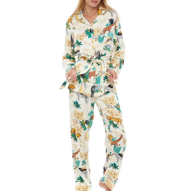 Women's Front Tie Pajamas Lounge Set, Long Sleeve Top and Pants, Silky Pjs Floral Flowers, 1 of 7