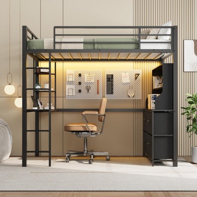 Twin Size Loft Bed with Desk, 4 Large Fabric Drawers and Open Shelves, Heavy Duty Metal Loft Bed with LED Lights, Power Outlets, No Box Spring Needed