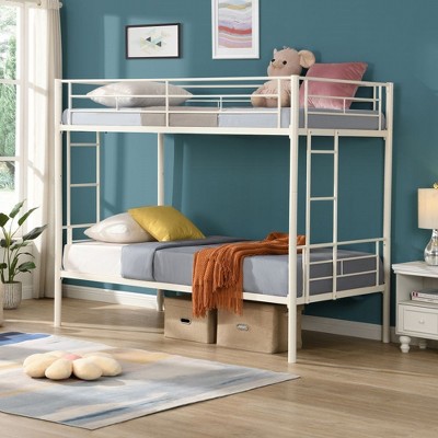 Twin Metal Bunk Bed,Metal Structure Bedframe with Safety Guardrails and 2 ladders,Convertible Bunkbeds,No Spring Box Required,White