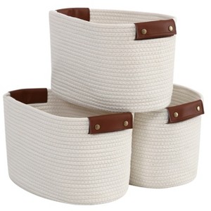 Ornavo Home 3 Pack Cotton Rope Shelf Storage Basket with Faux Leather Handles - 1 of 4