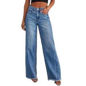 Women's Wide Leg Jeans High Waisted Strechy Raw Hem Zimbaplatinum Denim Pants With Pockets - 1 of 4