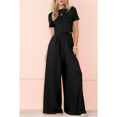 I AM A FASHION JUNKY Black Plain Slim Fit Crop Top And Wide Leg Pants Set