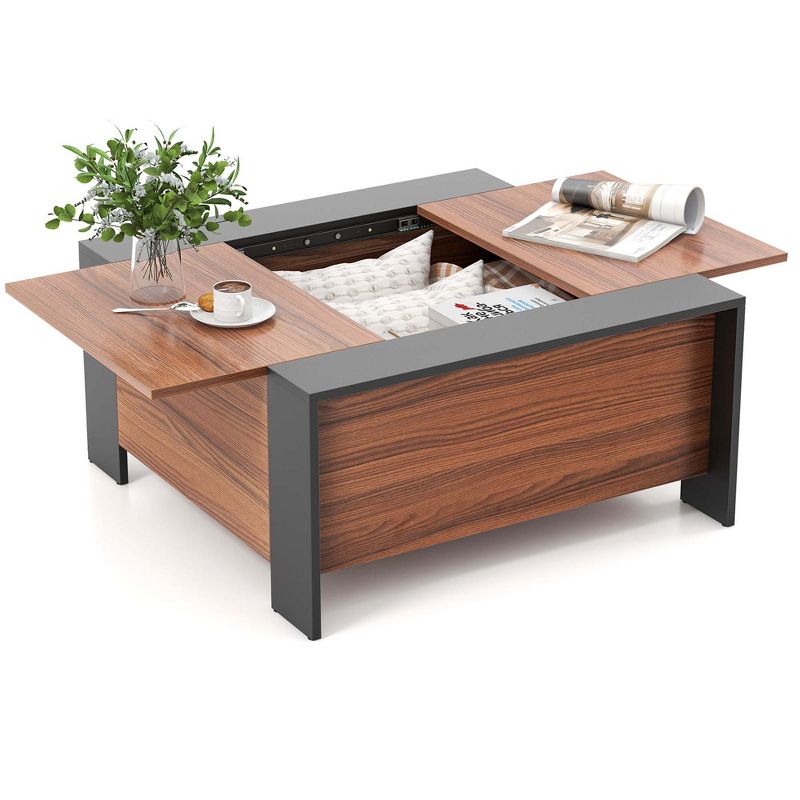 Costway 36.5'' Coffee Table Square Cocktail Tea Table with Sliding Top & Hidden Compartment Rustic Brown/Walnut/Grey, 1 of 11