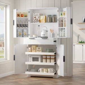 PAGED Farmhouse Kitchen Pantry Cabinet with Slide-Out Drawers & 6 Door Shelves, Freestanding Cupboard Storage Cabinet, Fluted Sideboard Buffet Cabinet - 1 of 4