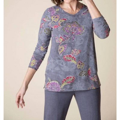 Women's Floral Fleece Ruched Sleeve V-neck Top - habitat