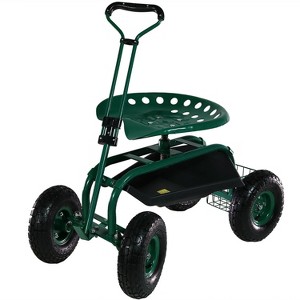 Sunnydaze Outdoor Lawn and Garden Heavy-Duty Steel Rolling Gardening Cart with Extendable Steer Handle, Swivel Chair, and Basket - 1 of 4