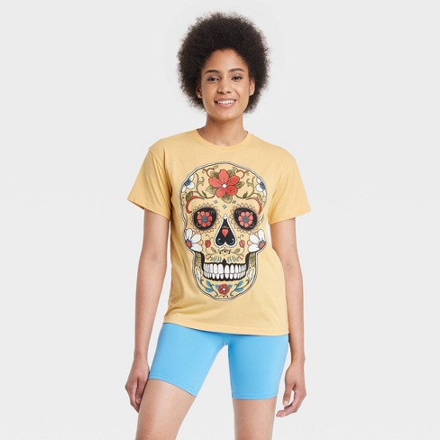 Women's Día de Muertos Sugar Skull Short Sleeve Graphic T-Shirt - Yellow XS