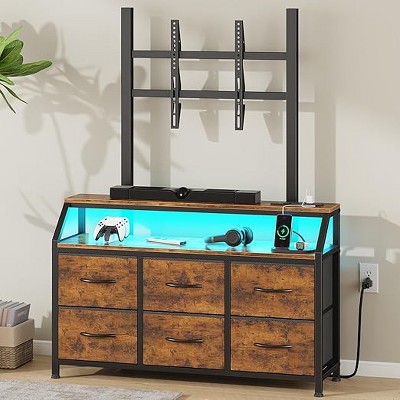 Gericco LED TV Stand with Mount and Power Outlet & 6 Fabric Drawers for 32-75 Inches TV - 39" Rustic Brown
