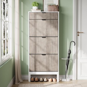 Shoe Cabinet with 3 Flip Doors & 1 Drawer, Entrance Wooden Shoe Rack with Iron Legs, Slim Shoe Storage Cabinet, Modern Fluted Shoe Organizer - 1 of 4