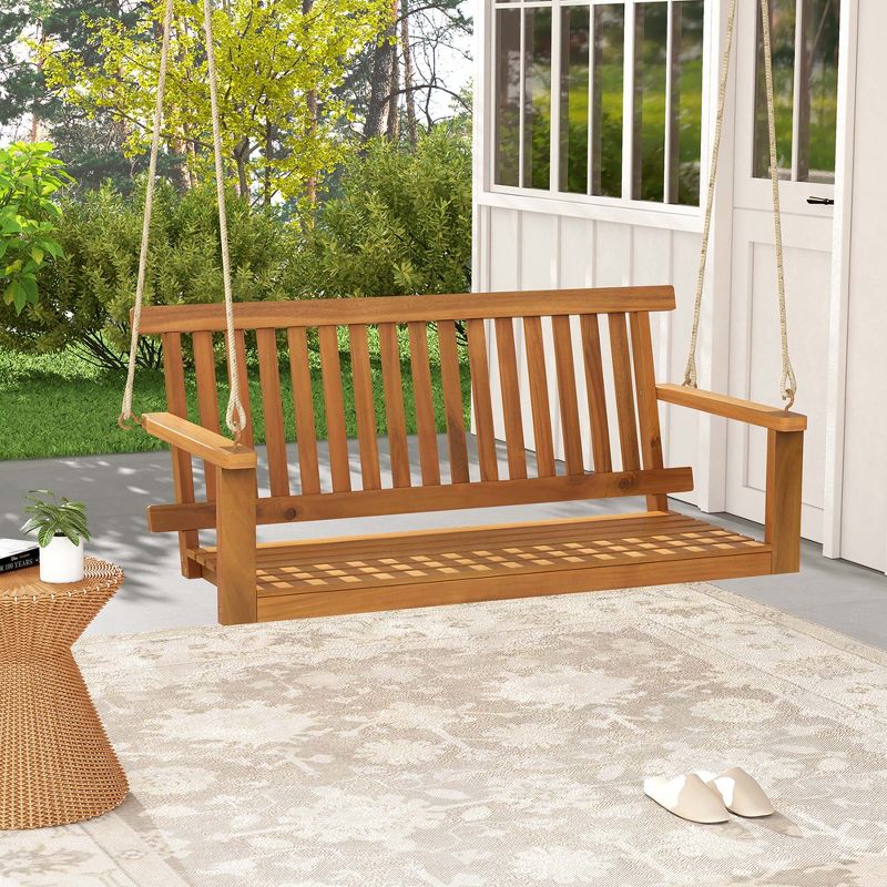 Costway 2-Seat Porch Swing Bench Acacia Wood Chair with 2 Hanging Hemp Ropes for Backyard, 2 of 10