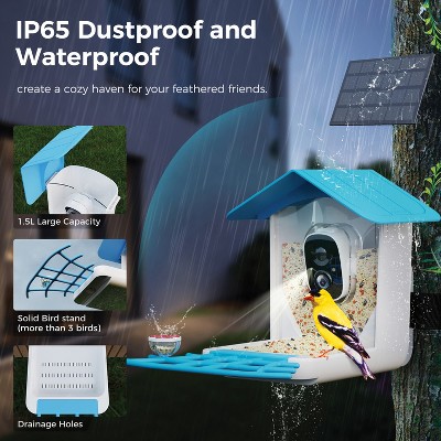 Sky Blue Canopy Plastic Squirrel-Resistant Platform Bird Feeder with Camera