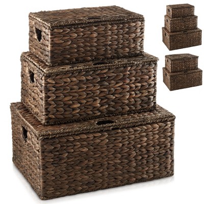 Casafield Water Hyacinth Lidded Storage Basket Sets,  Multipurpose Rectangular Organizer Totes