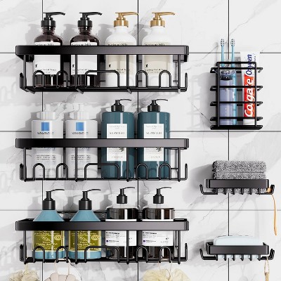 LunaLulinlk Adhesive Shower Shelves 6-Pack, Large Bathroom Organization and Storage, No Drilling Wall-Mounted Baskets, Black