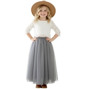 2Bunnies 2 Piece Lace Top Tulle Skirt Boho Rustic Flower Girl Dress Set - 1 of 4