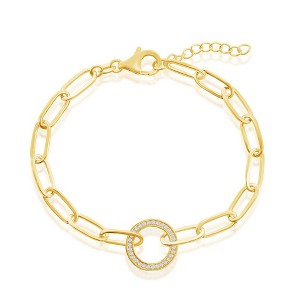 Bella Silver Sterling Silver CZ Circle Paperclip Bracelet - Gold Plated - Gold - 7+1 Inch - 1 of 2