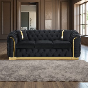 90.6" Italian Velvet Button Tufted 3-Seater Sofa with 2 Pillows & Gold Accents - 1 of 4