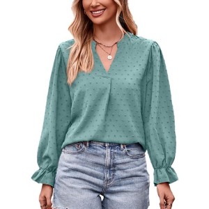 Women Boho Long Sleeve Shirts Dressy Casual v Neck Fall Fashion Tops Dot Flowy Blouses - 1 of 4