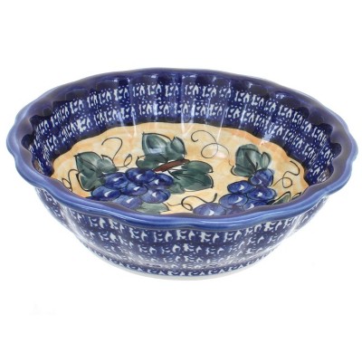 Blue Rose Polish Pottery Grapes Medium Scallop Bowl with Cobalt Trim