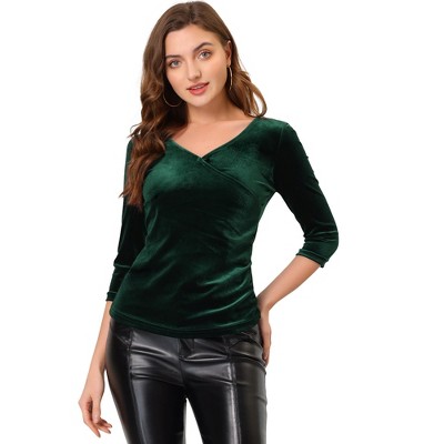 Allegra K Women's V Neck 3/4 Sleeve Cross Wrap Ruched Velvet Casual Blouse Dark Green Small