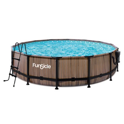 Funsicle 14' x 42" Oasis Designer Outdoor Round Frame Above Ground Swimming Pool Set with SkimmerPlus Filter Pump, Ladder, & Pool Cover, Natural Teak