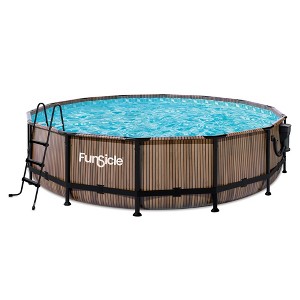 Funsicle 14' x 42" Oasis Designer Outdoor Round Frame Above Ground Swimming Pool Set with SkimmerPlus Filter Pump, Ladder, & Pool Cover, Natural Teak - 1 of 4