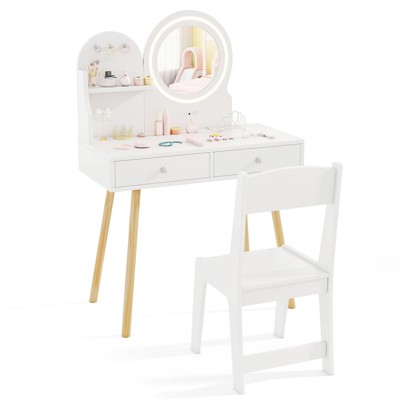 Infans Kids Vanity Set with Lighted Mirror Princess Makeup Dressing Desk and Chair Set