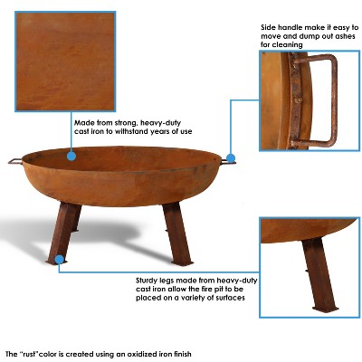 Rustic Cast Iron 34" Outdoor Wood-Burning Fire Pit Bowl with Handles